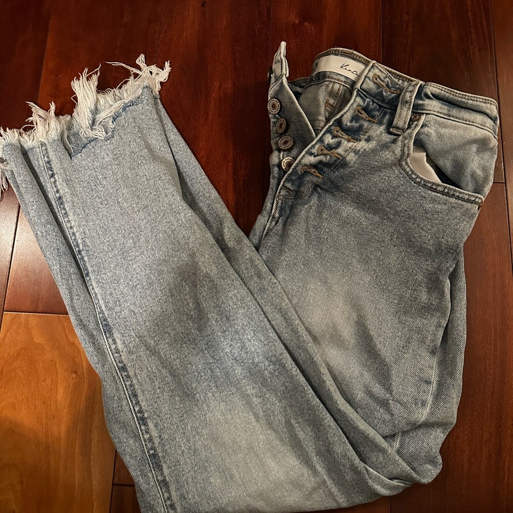 KanCan Blue Ankle Cropped Jeans with Distressed Hem